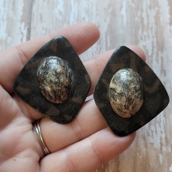 80s Retro Statement Earrings Large Stone Look - Picture 3 of 5